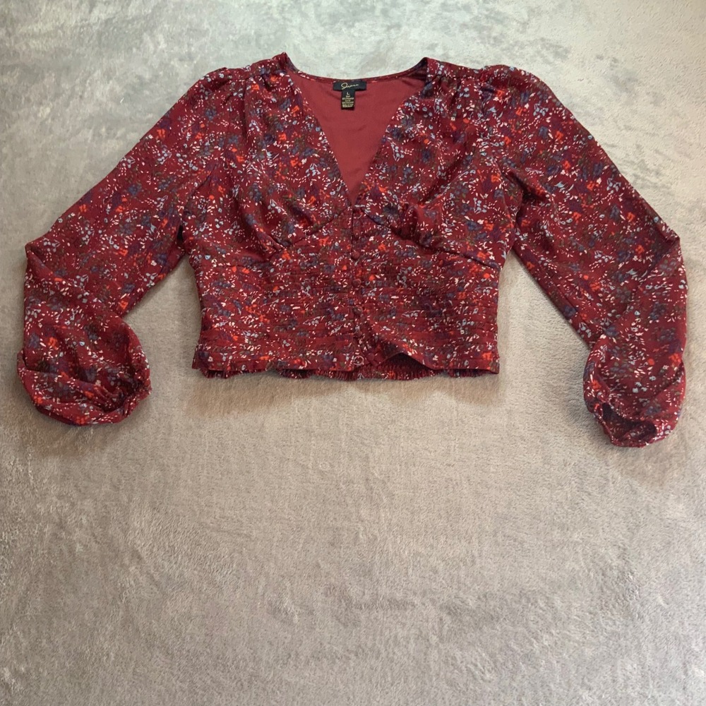 Japna Womens Burgundy Floral V-Neck Smocked Back Crop Blouse Long Sleeve Large